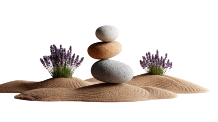 Zen Harmony: A tranquil arrangement of balanced stones and blossoming lavender, exuding a sense of peace and serenity.