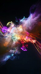 Naklejka premium Floating fractal nebula with vibrant rainbow light trails and volume topaz, creating an ethereal and mesmerizing visual experience in abstract art