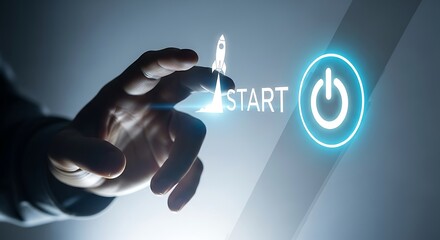 Hand pressing start button with rocket launch, beginning new business concept