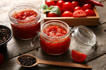 Glass jars with tasty tomato sauce and ingredients on brown wooden background, closeup