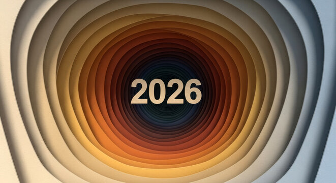 Year 2026 in abstract layered paper cut tunnel with vibrant color gradient