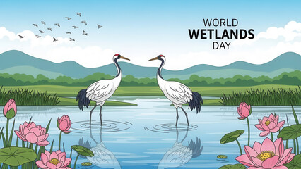 Two elegant red crowned cranes stand in a serene wetland with lotus flowers and distant mountains