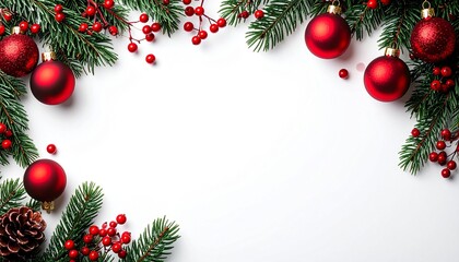 Traditional decorative christmas ornament with red balls green pine tree branches red berries and pine cone creating background for new year holiday season greeting card