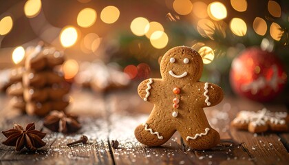 Festive gingerbread man and cookies with blurred lights and ornaments on a wooden table