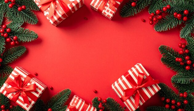 Bright Red Festive Background with Gift Wrapped Presents and Berry Adorned Evergreen Sprigs Inviting Holiday Cheer Two Hundred Characters Long