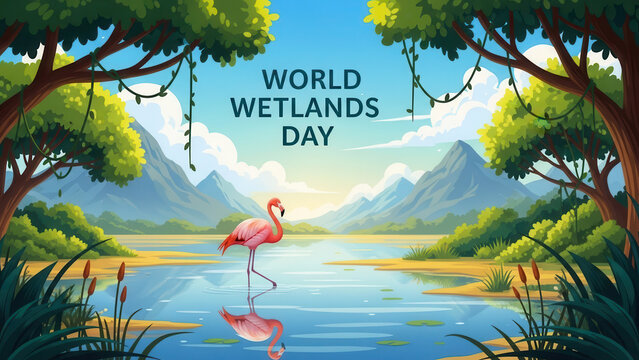 Vibrant world wetlands day illustration featuring a flamingo in a lush scenic wetland landscape with mountains - Powered by Adobe