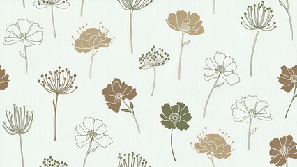 Elegant floral pattern featuring stylized flowers in brown and green tones on white