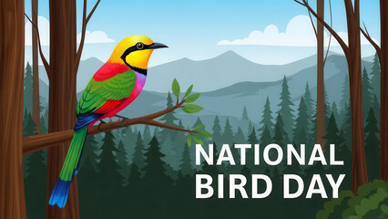Vibrant colorful bird perched on a tree branch in a forest with mountains in the background celebrating national bird day