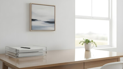 Organizing and decluttering home desk A serene workspace with organized documents and a touch of nature