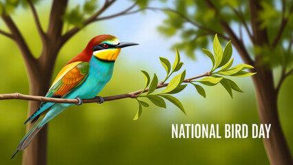 Naklejka premium Vibrant european bee eater bird perched on a branch celebrating national bird day