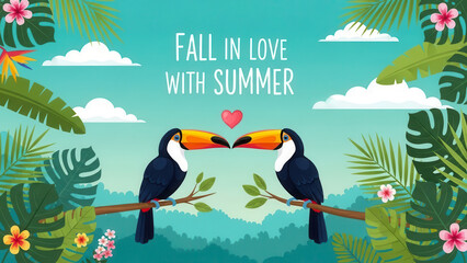 Obraz premium Two toucans perched on a branch in a lush tropical jungle kissing under a summer sky
