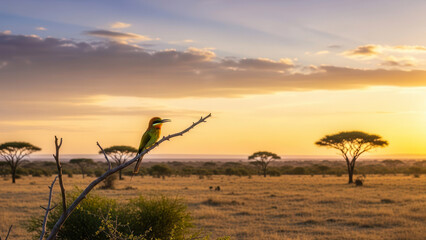 Solitary bird perched on a bare branch against a vibrant african savanna sunset sky