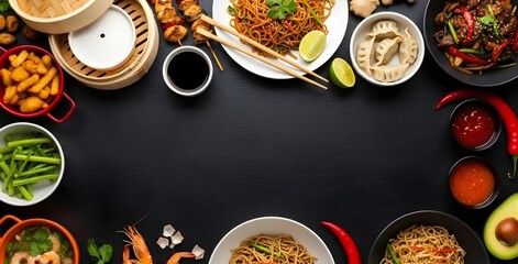 Asian Cuisine Food Border Frame on Black Background Top View