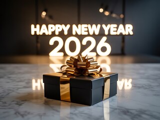 A beautifully wrapped gift box with a golden ribbon sits on a reflective surface under the glowing neon text happy new year 2026