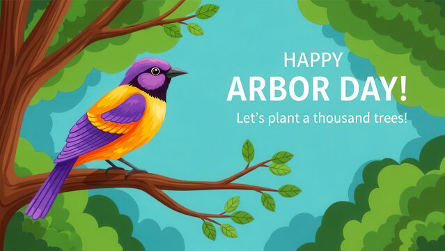 Vibrant purple and orange bird perched on a tree branch celebrating happy arbor day