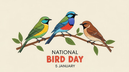 Three colorful birds perched on a branch celebrating national bird day on january 5th