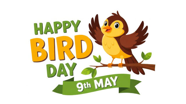 Cute cartoon bird celebrating happy bird day on may 9th with cheerful text and green banner