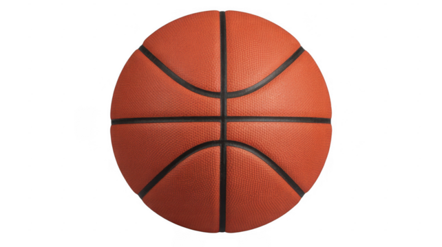 Detailed close up of an orange basketball with black lines and textured surface isolated on a transparent background