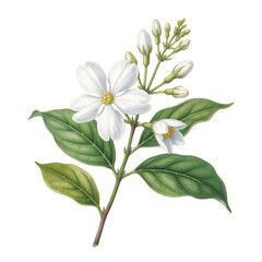 Obraz premium Detailed illustration of a flowering branch with white jasmine blossoms and green leaves isolated on a transparent background