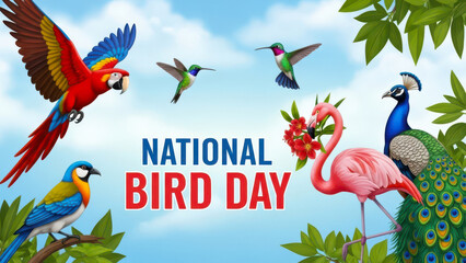 Vibrant national bird day celebration featuring diverse exotic birds and tropical foliage