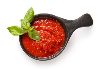 Frying pan with tasty tomato sauce isolated on white background, closeup