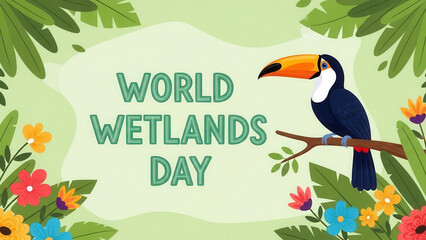 Obraz premium Vibrant toucan perched amidst lush tropical foliage celebrating world wetlands day