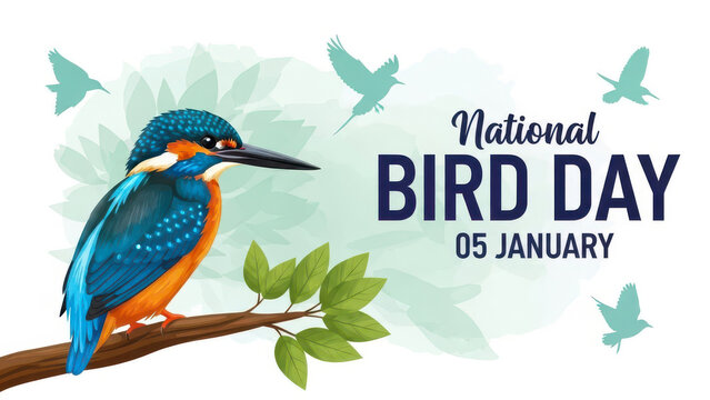 Vibrant kingfisher bird perched on branch celebrating national bird day on january fifth