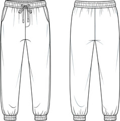 CAD jogger pants technical sketch, flat vector illustration, fashion design template, apparel blueprint, clothing pattern outline for designers