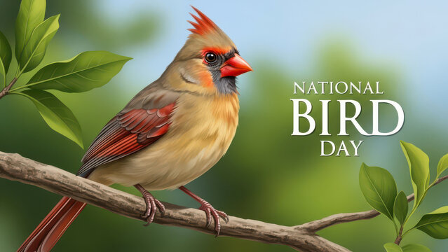 Beautiful female northern cardinal perched on a branch celebrating national bird day