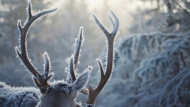 Closeup of a majestic reindeer with frostcovered antlers in a winter forest - Powered by Adobe