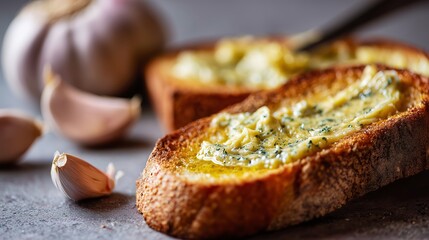 Close-up of crispy garlic bread topped with rich herb butter, perfect for a savory appetizer or side dish.