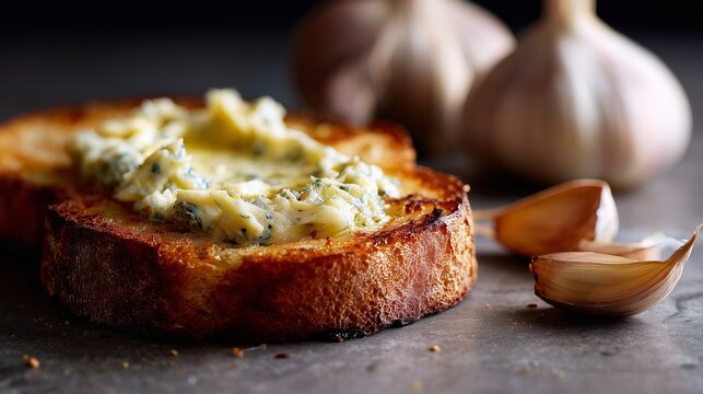 Close-up of garlic herb butter melting over crispy toasted bread with garlic cloves in the background, perfect for food blogs.