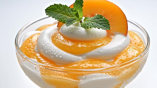 Creamy dessert with fruit compote and fresh mint garnish
