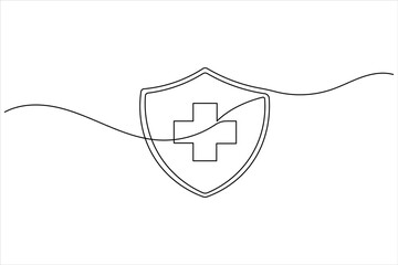 One continuous line drawing of a shield with medical cross symbol.