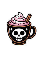 halloween coffee cup with skull design topped with pink whipped cream and cinnamon stick on white background for seasonal spooky beverage theme