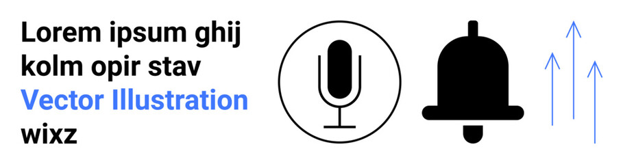Communication, notifications, technology, sound, app design, and alerts. A microphone and bell icon with upward arrows. Communication and notifications related to app design and user interaction
