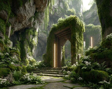 Cavern temple mockup with green moss walls and glowing white interface markings