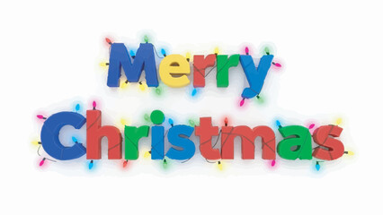 Merry Christmas 3D text graphic surrounded by colorful string lights isolated on white background