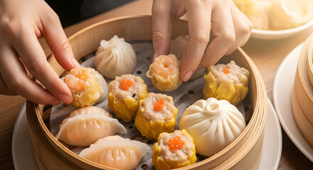 Close-up of a person's hands picking up a dim sum from a bamboo steamer basket.