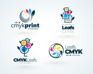 Set logos Printing theme.  Abstract Leafs Cmyk Colors. Template design vector. White background