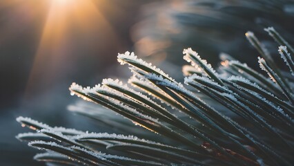 Closeup of pine needles covered in frost with sunlight shining through