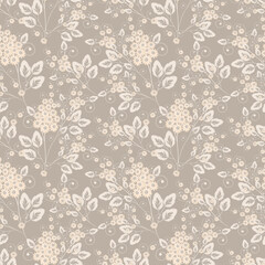 Seamless monochrome retro floral pattern. Cream flowers on a beige background.