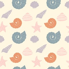 Seashells and starfish pastel pattern evoking summer memories on soft yellow with simple