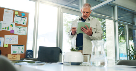 Man, scroll or reading in office with tablet for sales performance stats, business management or...