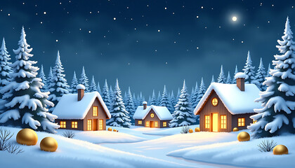 Fototapeta premium Cozy Winter Village at Night with Snow and Golden Ornaments
