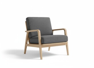 Obraz premium A modern, comfortable gray armchair with wooden frame, isolated on white.