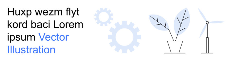 Renewable energy, environmental conservation, green energy, sustainability, innovation, clean technology. Gears, wind turbine plant in pot. Renewable energy and environmental conservation concept