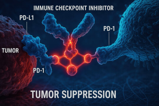 Detailed medical illustration showing an immune checkpoint inhibitor blocking PD L1 pathway. This results in powerful tumor suppression for successful cancer immunotherapy treatment