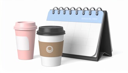 Hot coffee cup, paper notebook, and cosmetic brushes isolated on a white background