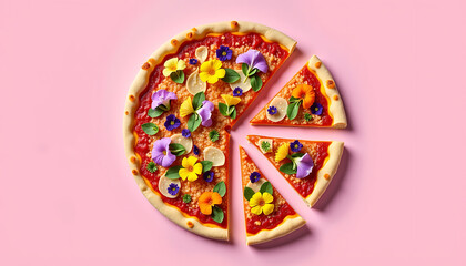 Creative Pizza with Colorful Edible Flowers on Pink Background
